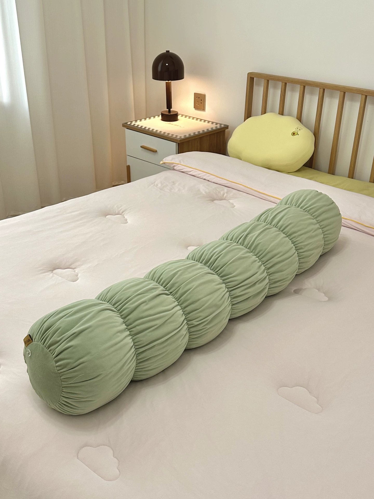 Coussin cylindrique 100 cm en velours vert pour lit et canapé