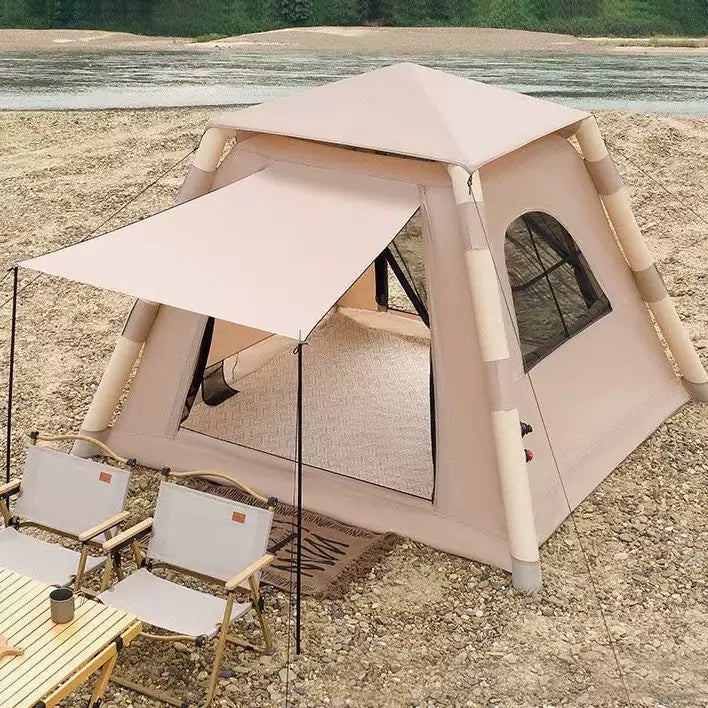 Tente de camping 300 x 300 x 210 cm en tissu beige avec auvent et fenêtres