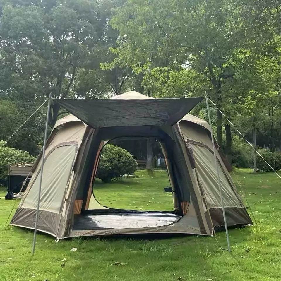 Tente de camping 300 x 300 x 200 cm en polyester kaki et noir avec auvent
