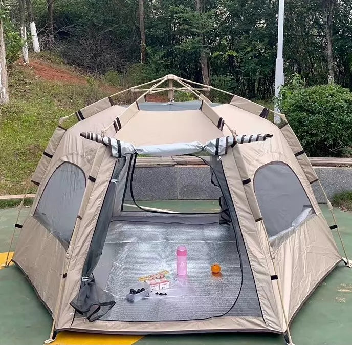 Tente de camping 300 x 300 x 210 cm en polyester beige avec moustiquaire - abri extérieur