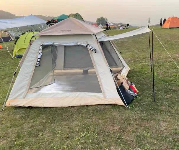 Tente de camping 210 x 210 x 140 cm en polyester beige avec auvent