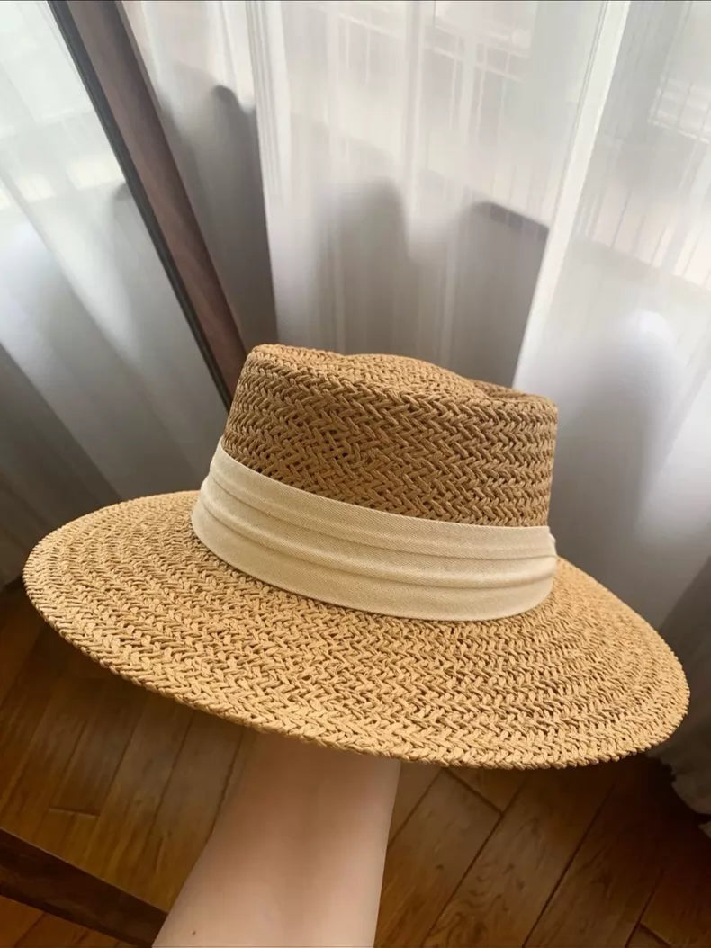 Chapeau de paille taille unique beige à large bord tressé style estival