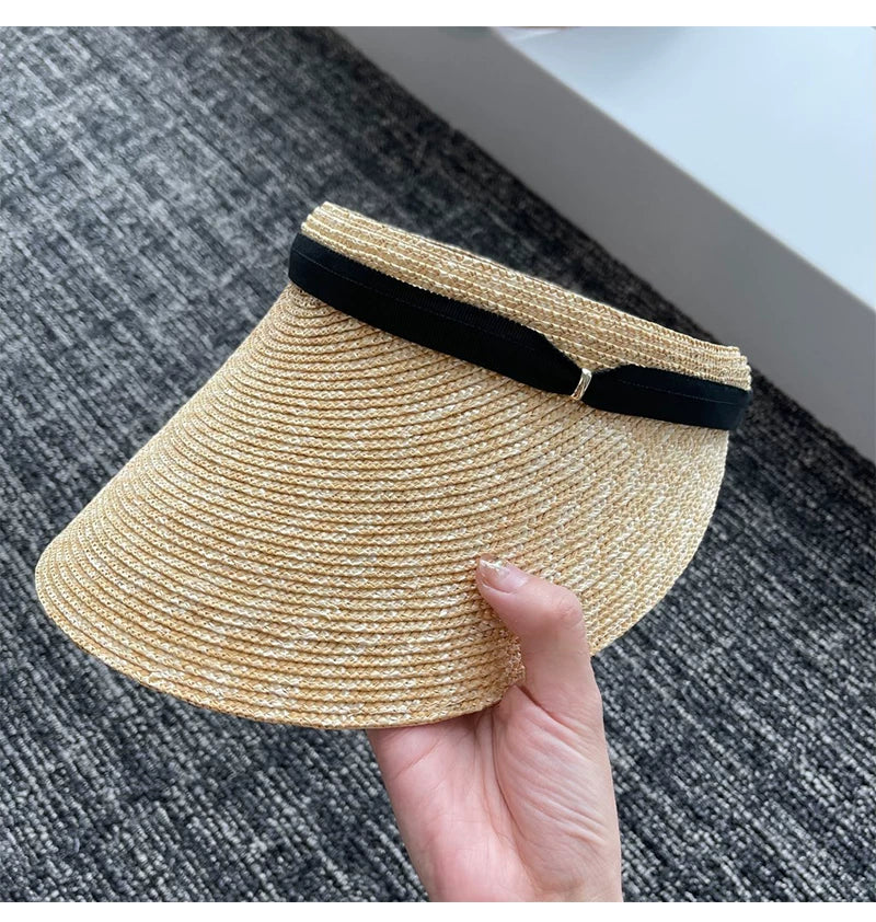 Visière de soleil taille unique en fibres tressées beige avec bandeau noir réglable