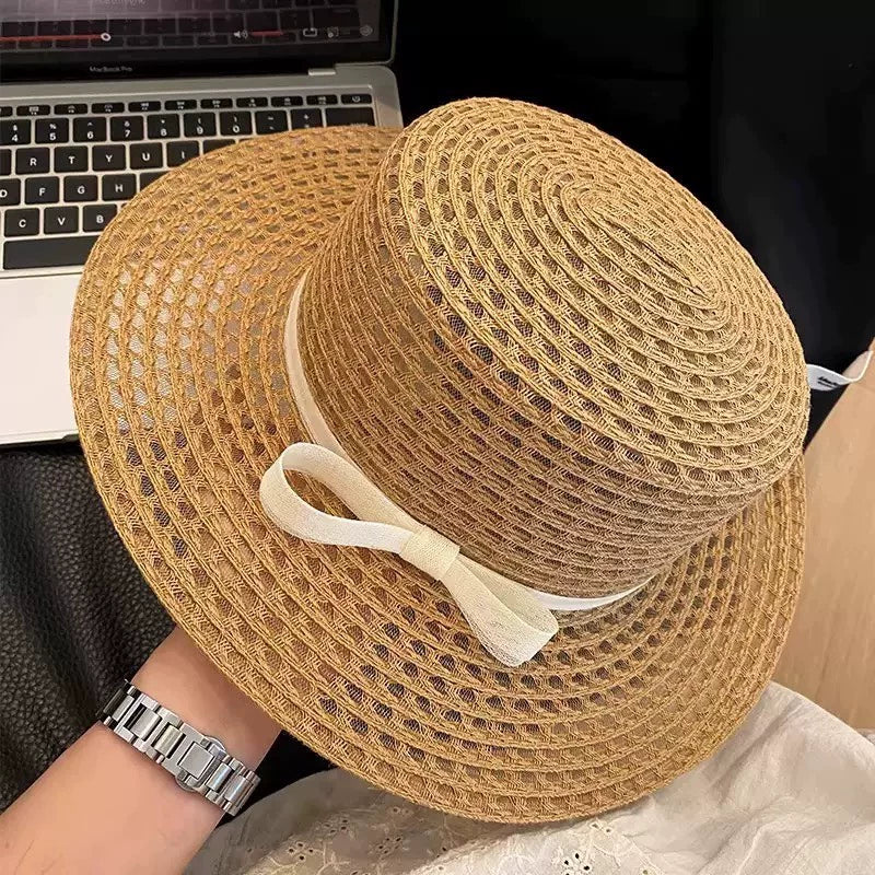 Chapeau de soleil taille unique en fibres tressées beige style capeline avec nœud