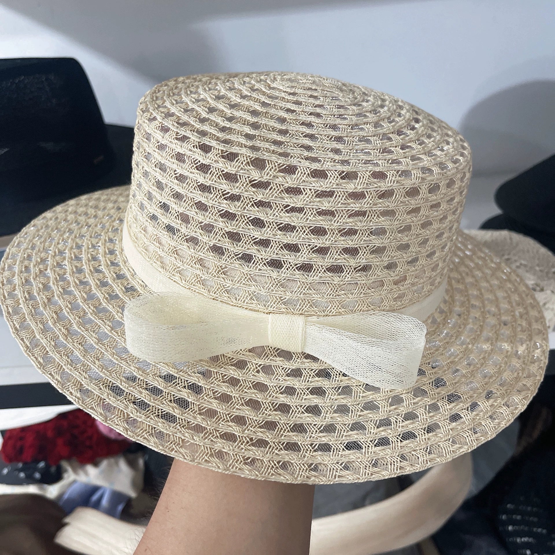 Chapeau de soleil taille unique en maille beige avec nœud style élégant
