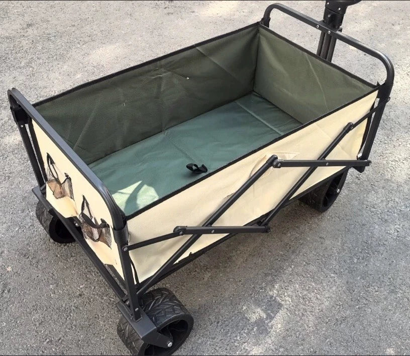 Chariot de transport pliant 100 x 50 x 90 cm en acier et tissu beige vert à quatre roues