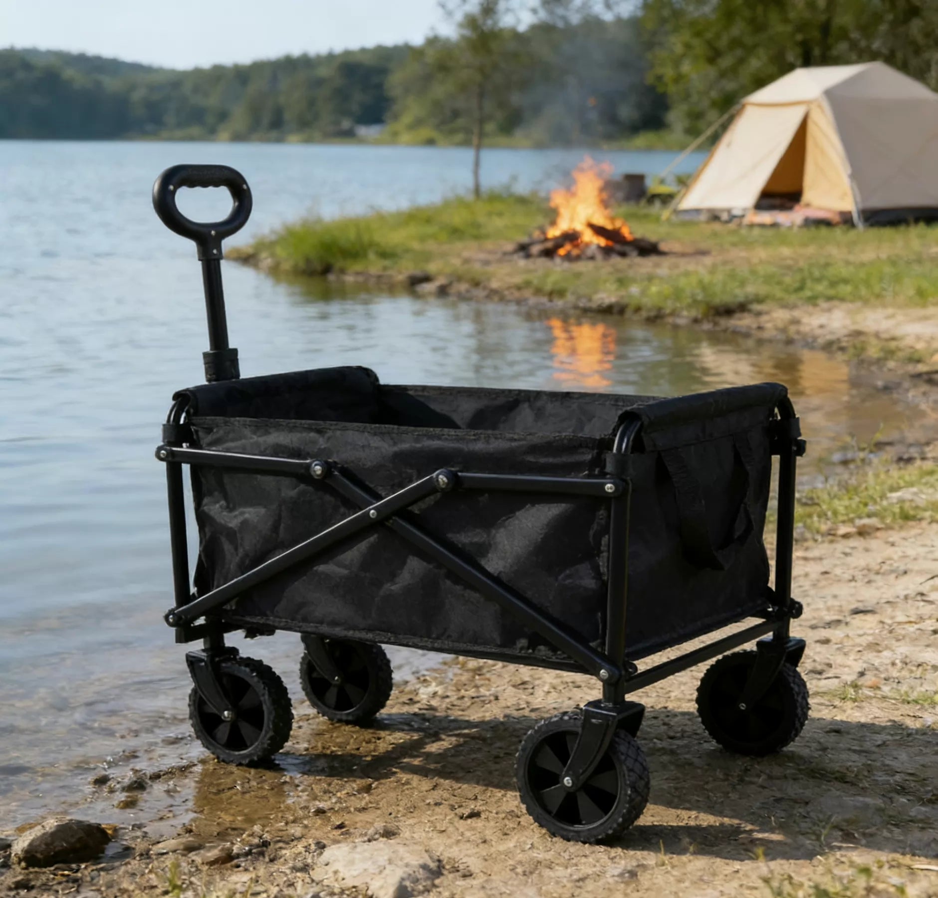 Chariot de transport pliant 90 x 50 x 95 cm en acier et tissu noir pour camping