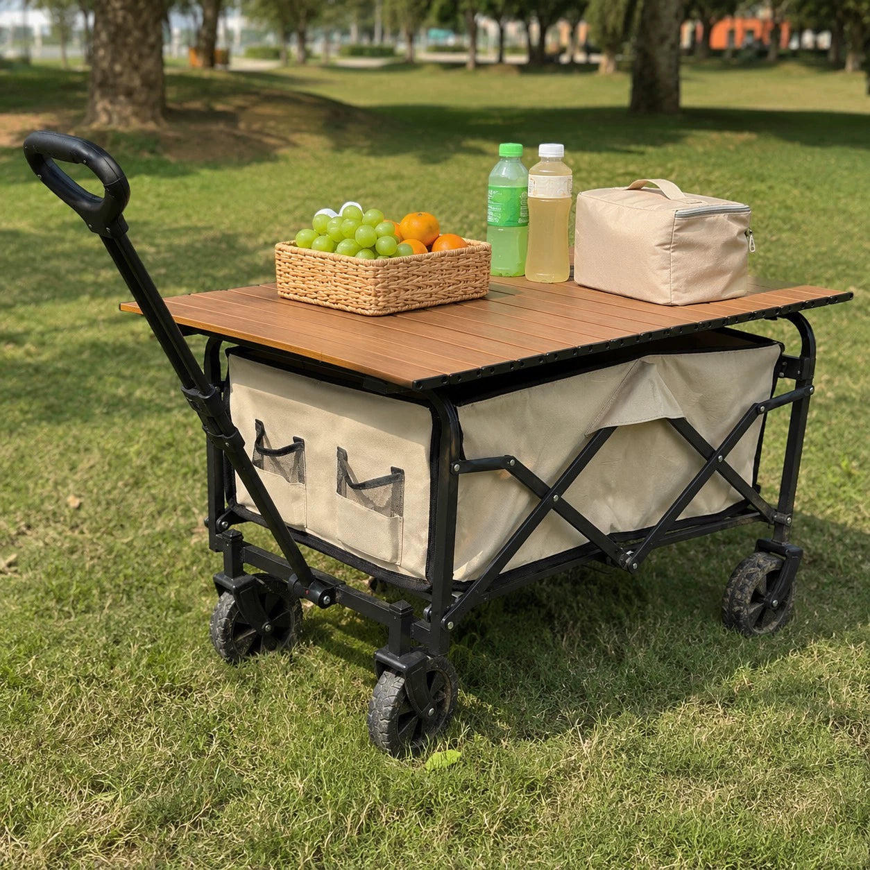 Chariot de transport pliant 90 x 50 x 90 cm beige noir avec plateau de table pour extérieur